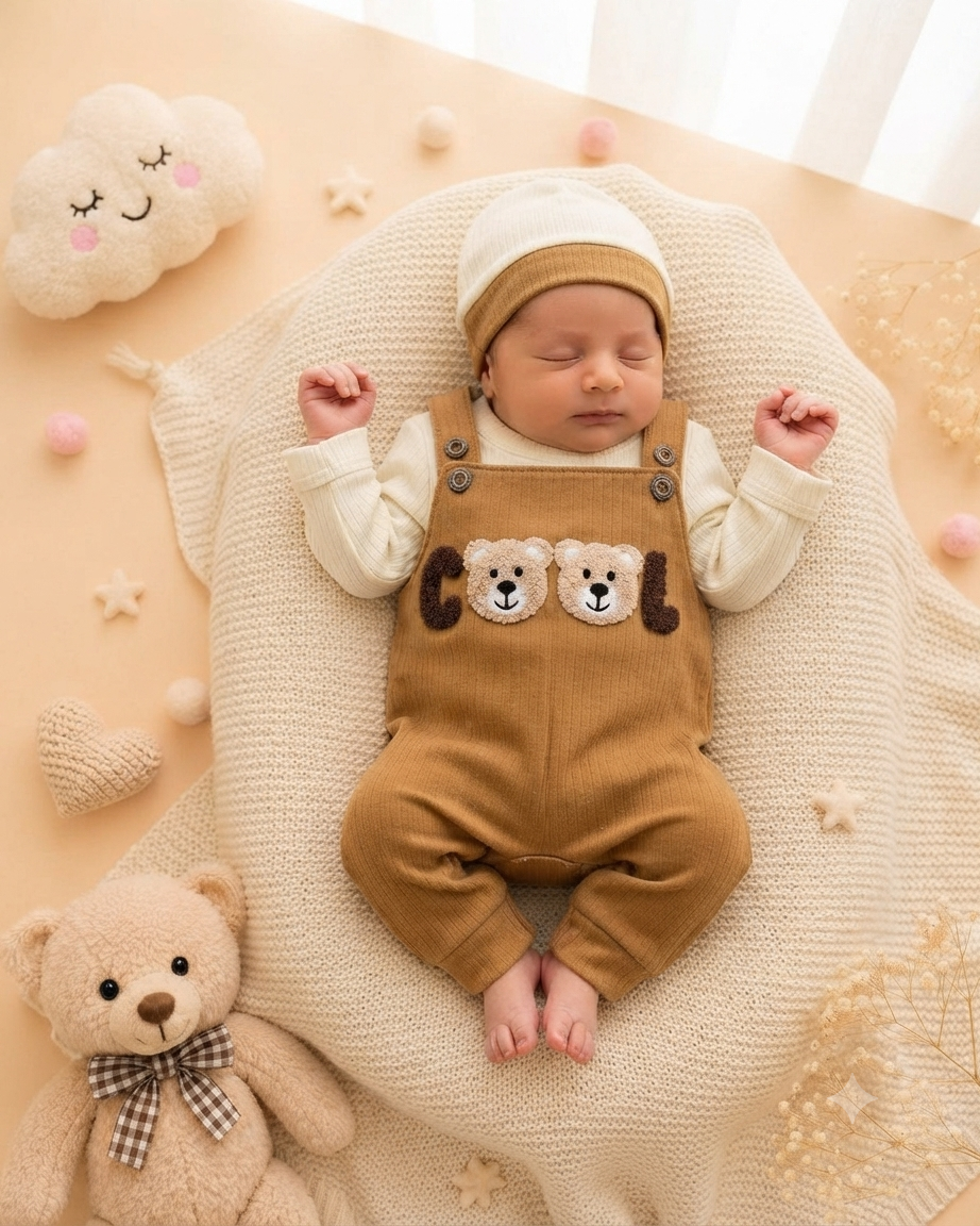سه تیکه نوزادی پیش بندی رنگ کرم سایز ۱ تا ۳