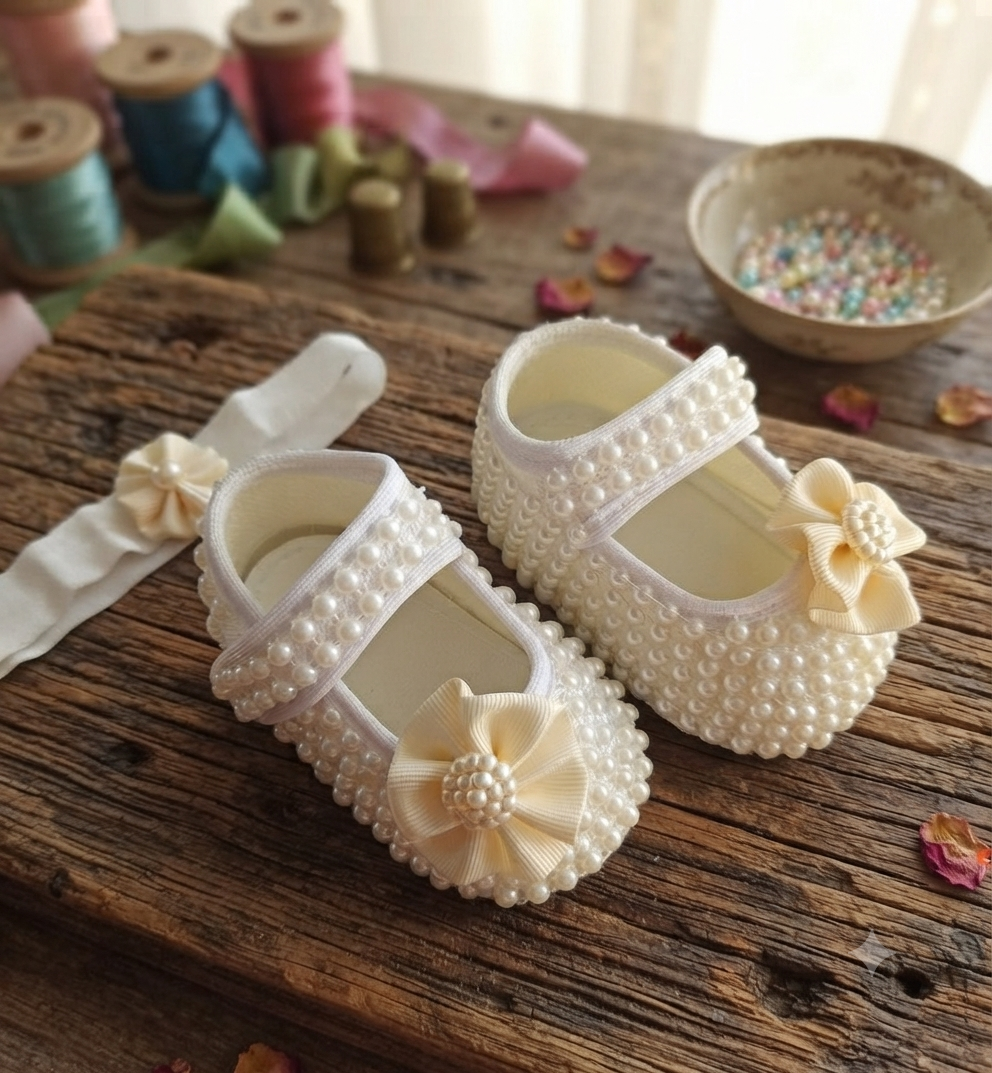 پاپوش نوزادی دخترانه مرواریدی مدل پرنسسی رنگ نباتی در سیسمونی شیدا