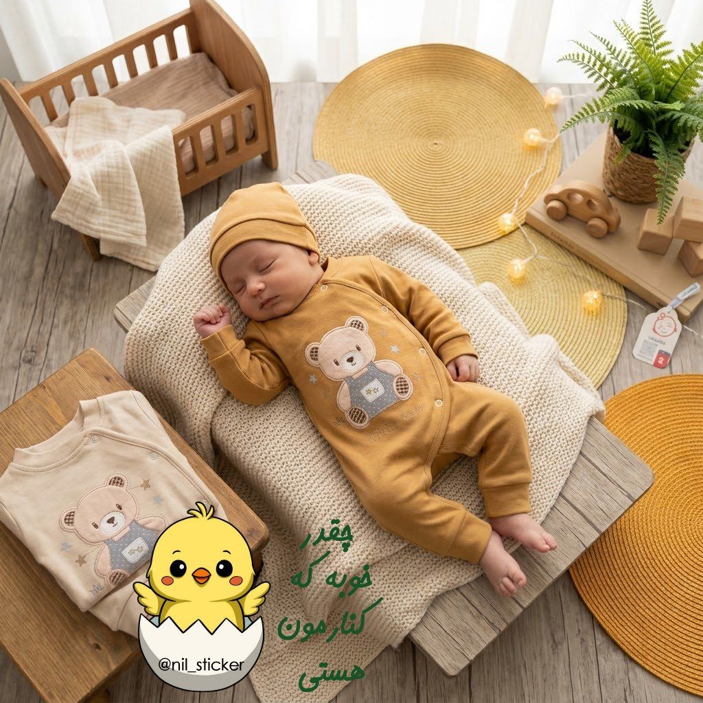 ست سرهمی و کلاه نوزادی سایز ۱ و ۲ گلدوزی شده باکیفیت رنگ خردلی